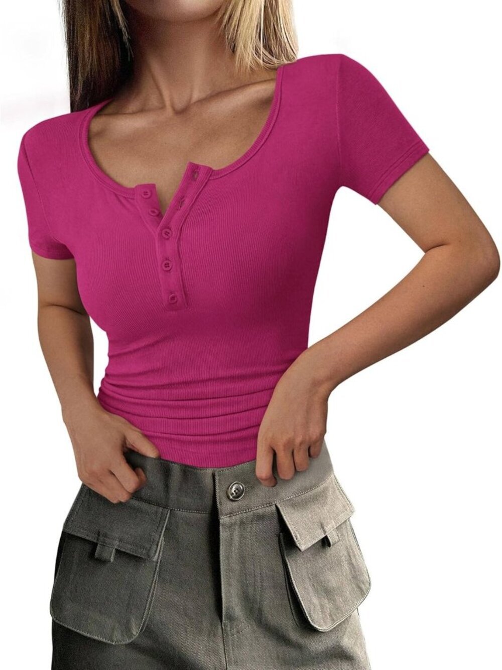 Women's Rose Red Short Sleeve Ribbed Henley Button Slim Fit Casual T Shirts